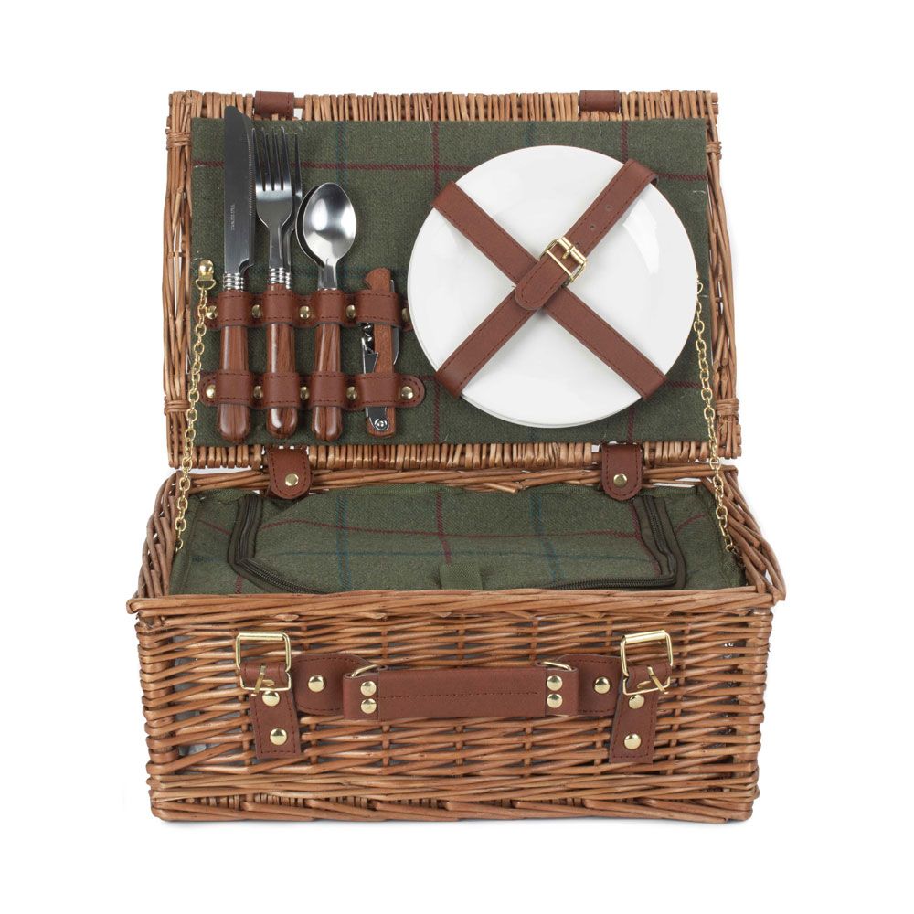 2 Person Green Tweed Picnic Hamper