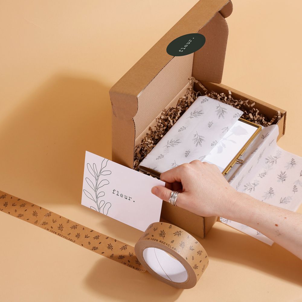 Kraft Paper Tape with Black Leaf Design and I'm 100% Recyclable Text 50 metres x 37.5mm