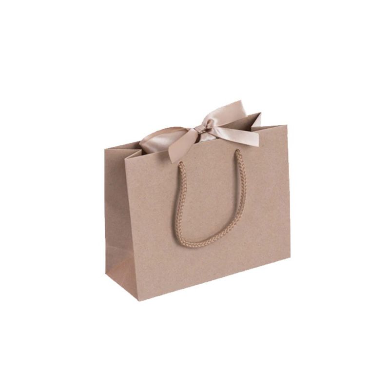 Pack of 25 Small Landscape Kraft Brown Paper Gift Bags With Rope Handles and Ribbon