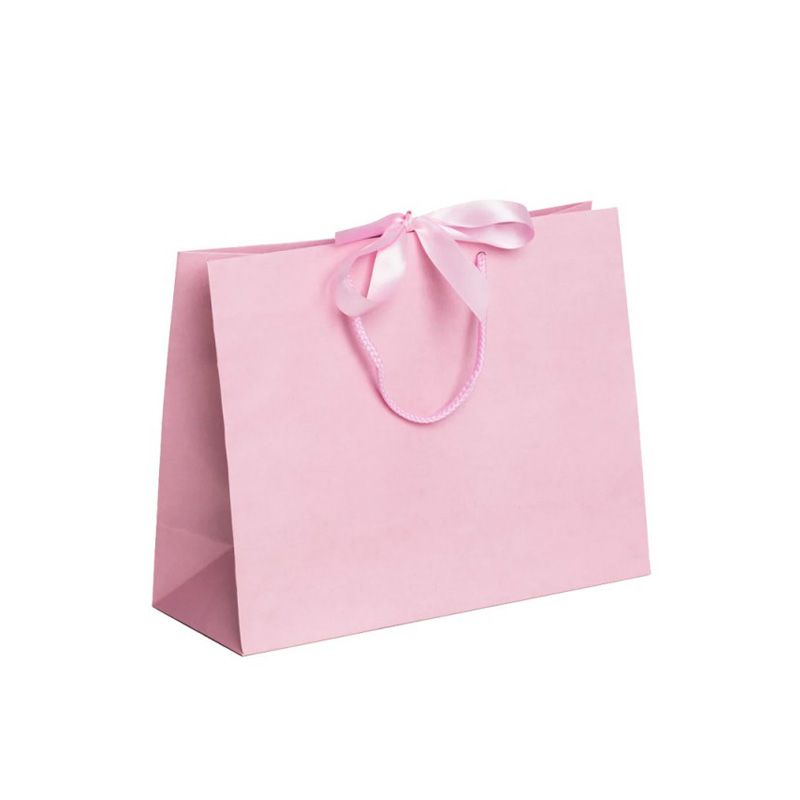 Pack of 25 Medium Landscape Pink Paper Gift Bags With Rope Handles and Ribbon