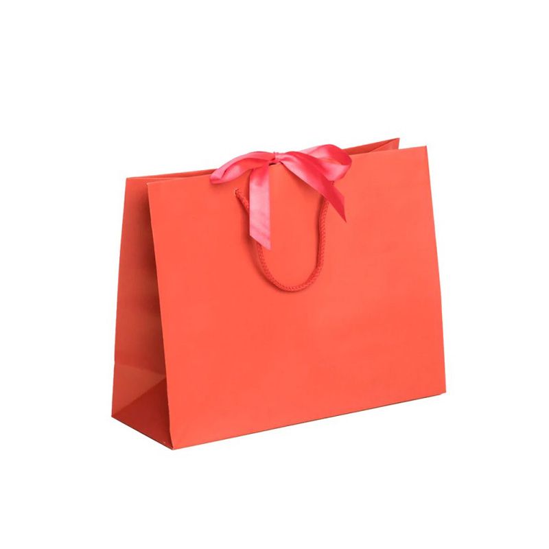 Pack of 25 Medium Landscape Light Red Paper Gift Bags With Rope Handles and Ribbon