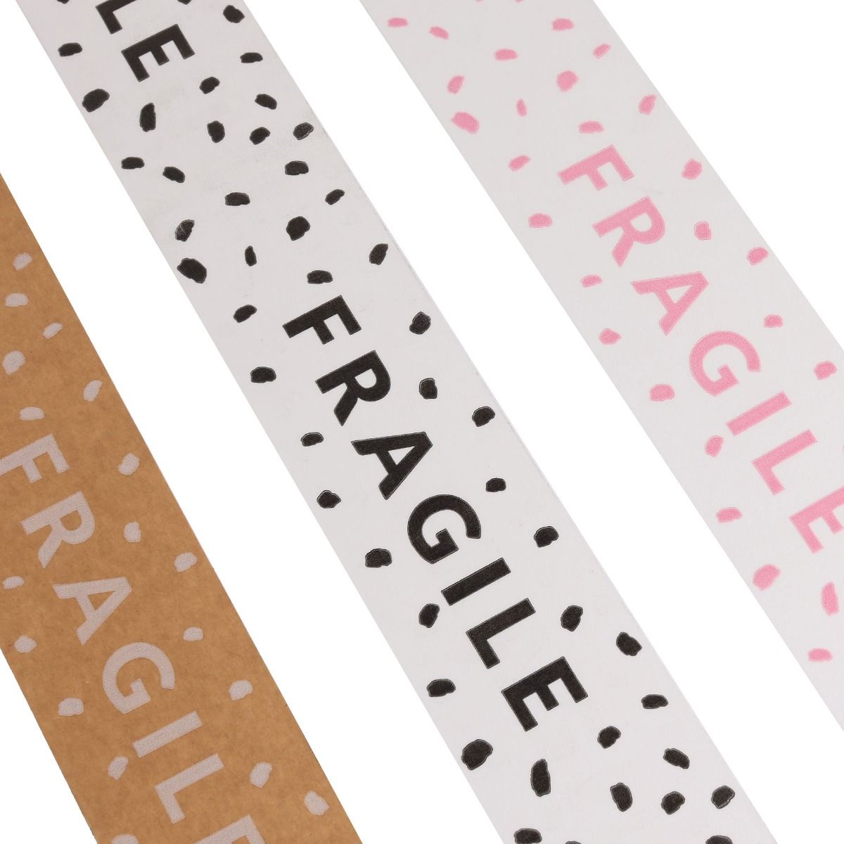 White Paper Tape with Pink Fragile Text 50 metres x 50mm