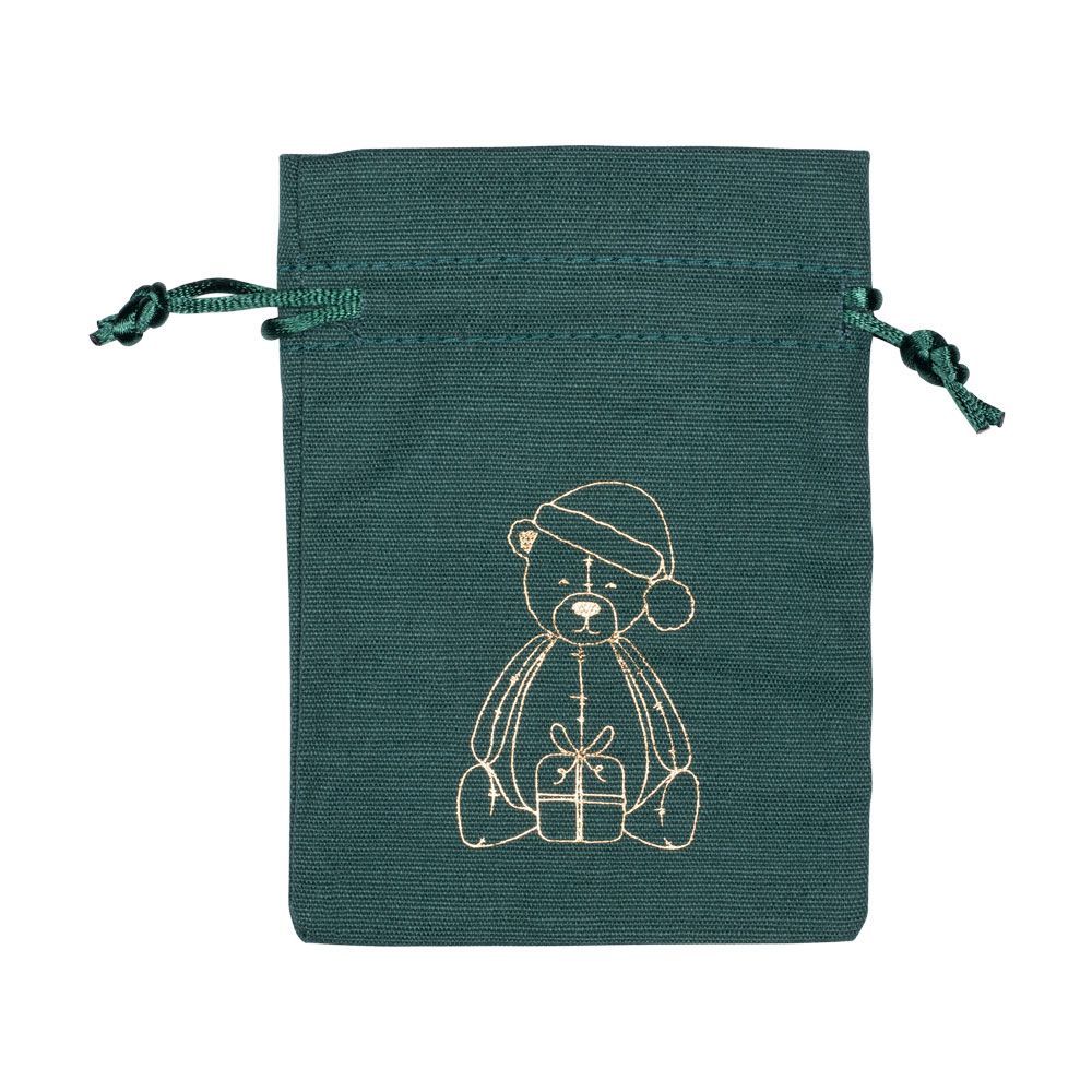 Medium Gold Teddy Printed Dark Green Cotton Bag | 95 x 90mm