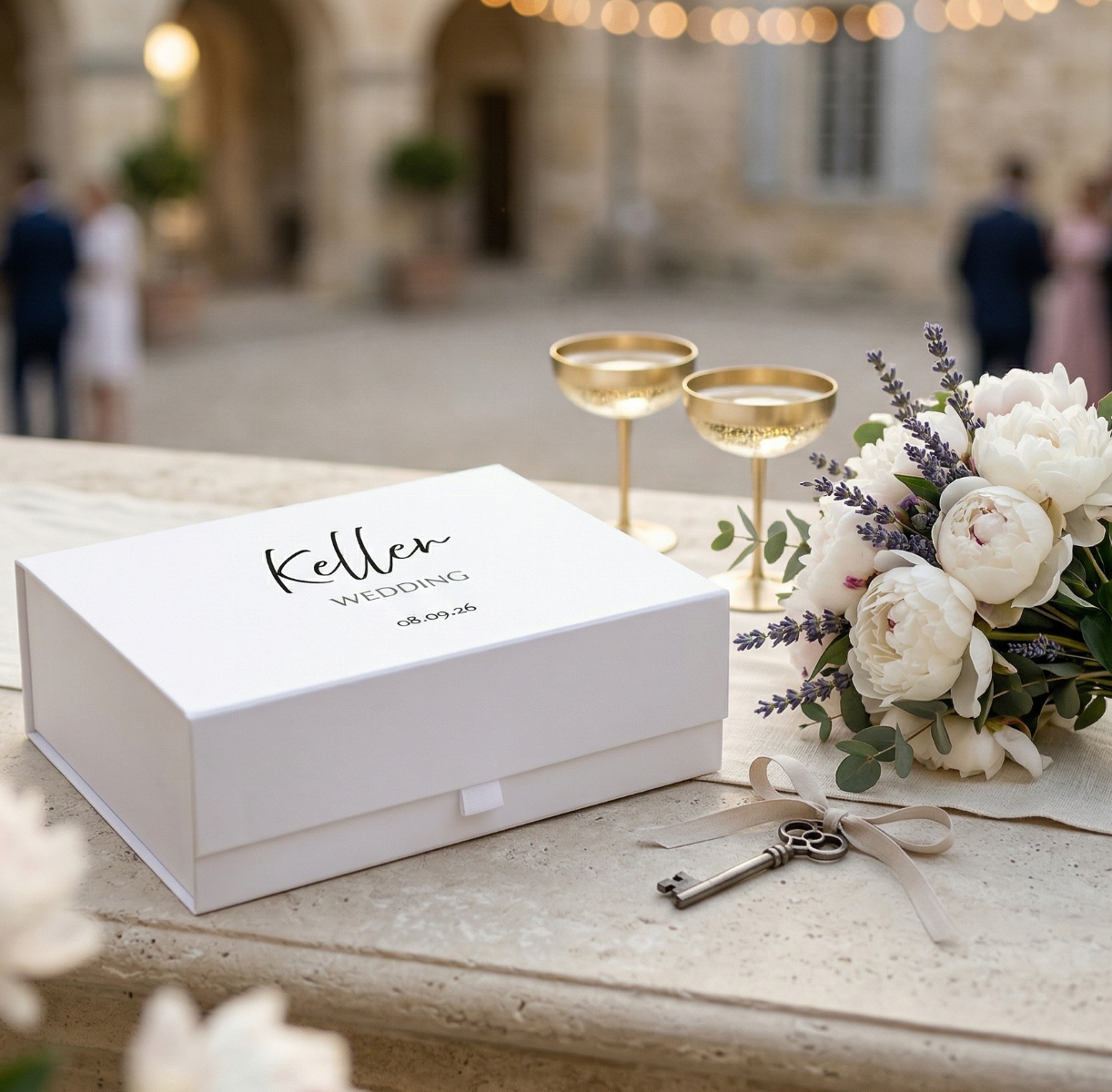 White Personalised Script &amp; Date Wedding Deep Magnetic Hamper