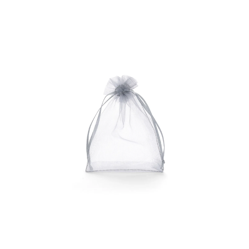 Medium Silver Grey Organza Pouch With Ribbon Drawstring