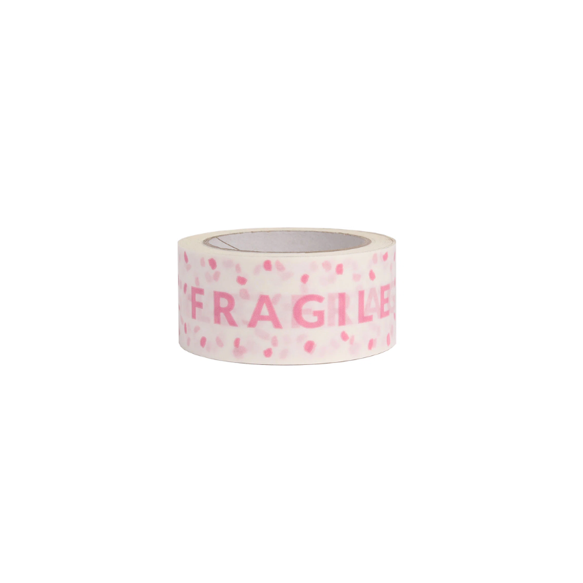 White Paper Tape with Pink Fragile Text 50 metres x 50mm