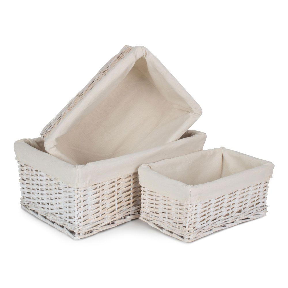 Pack of 5 Small White Wash Wicker Storage Baskets with White Lining