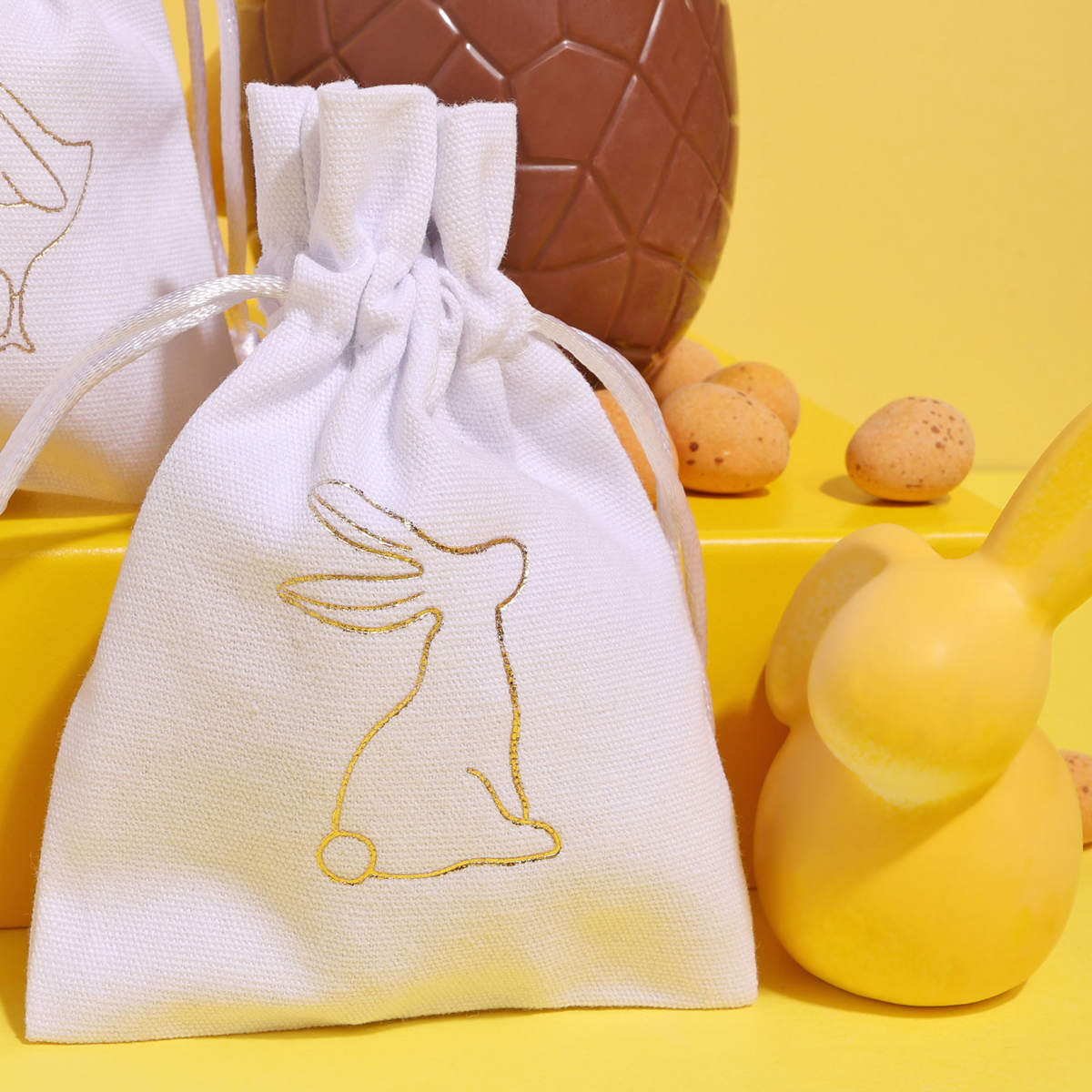 Medium Gold Bunny Easter Printed White Cotton Bag | 95 x 90mm