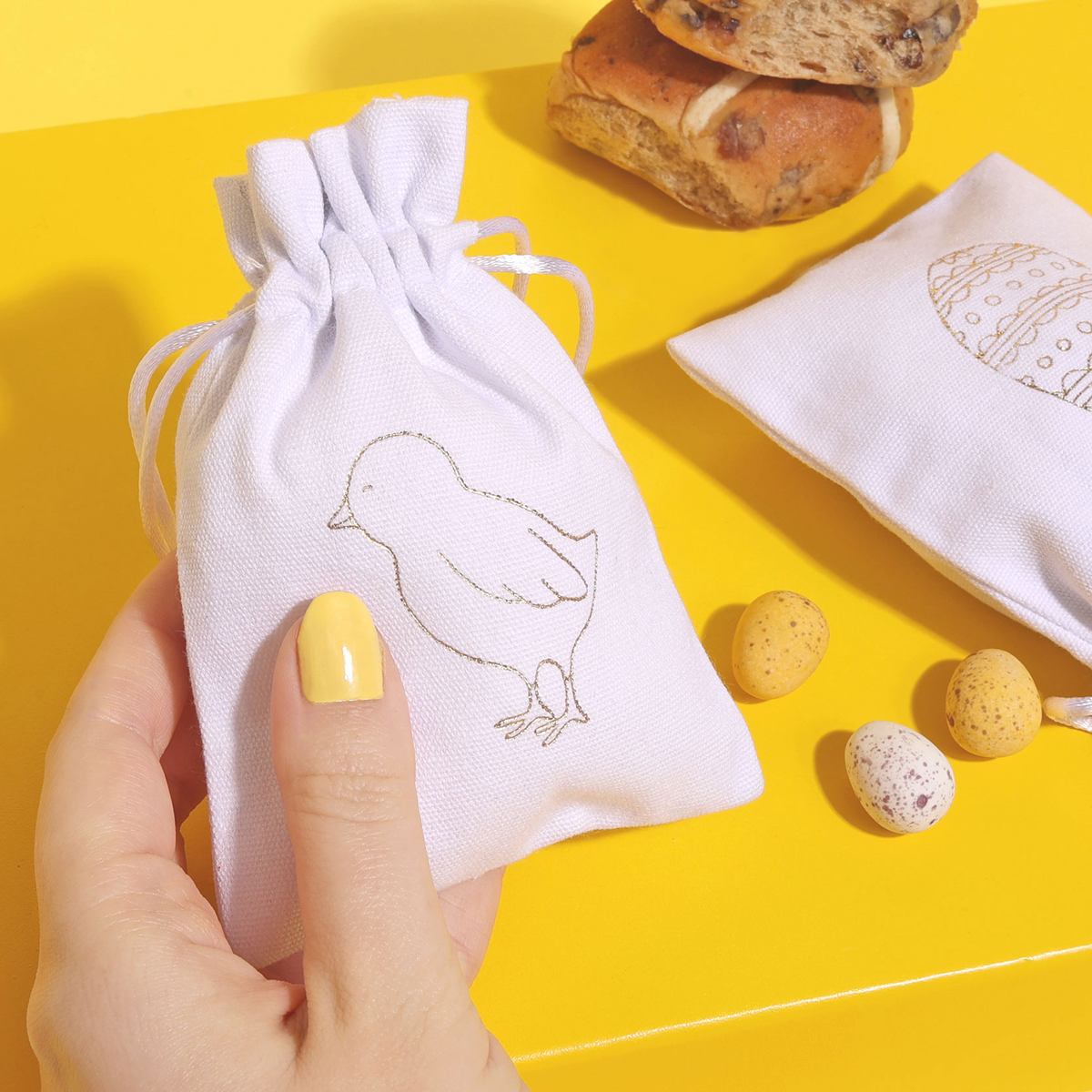 Medium Gold Chick Easter Printed White Cotton Bag | 95 x 90mm
