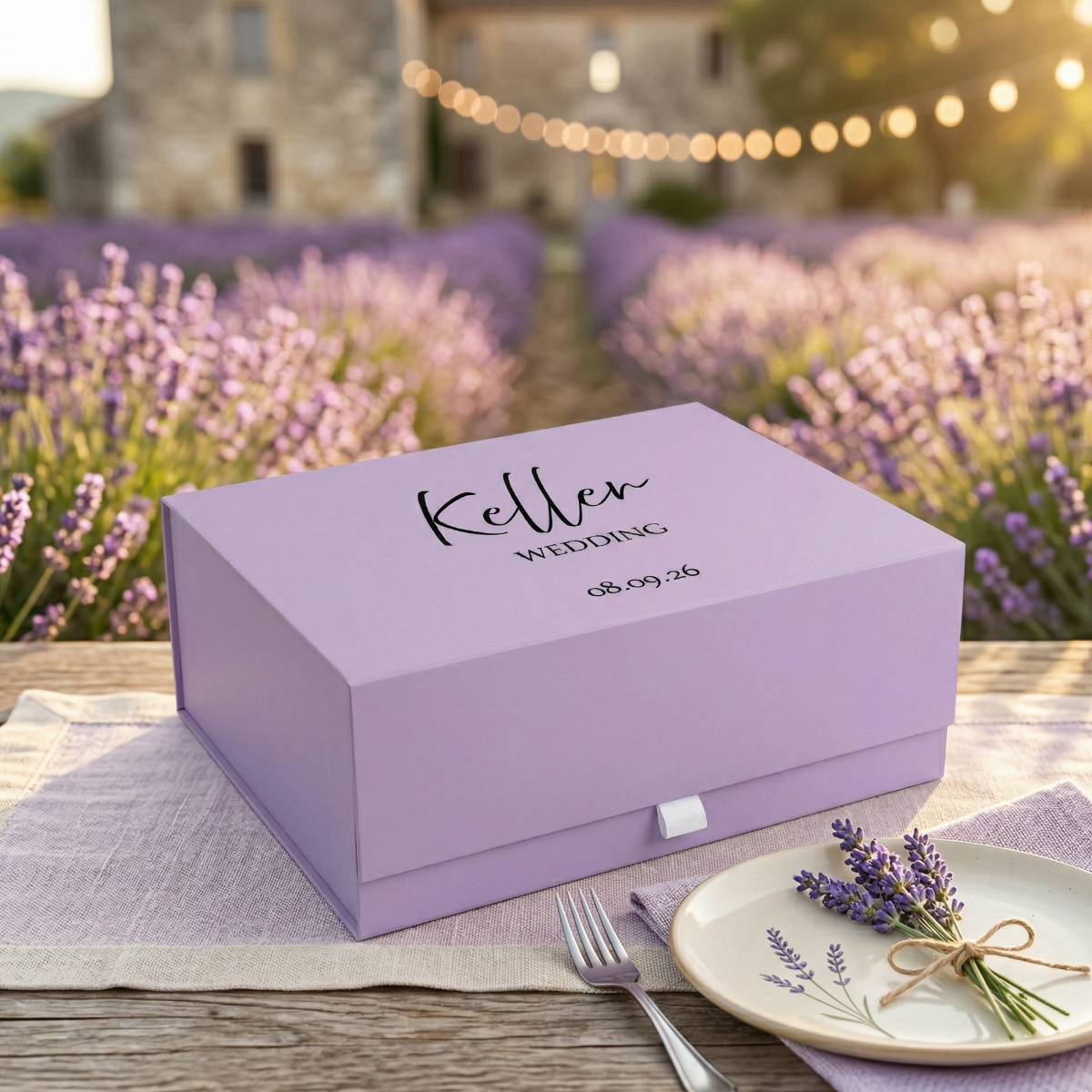 Lilac Personalised Script &amp; Date Wedding Deep Magnetic Hamper Gift Box