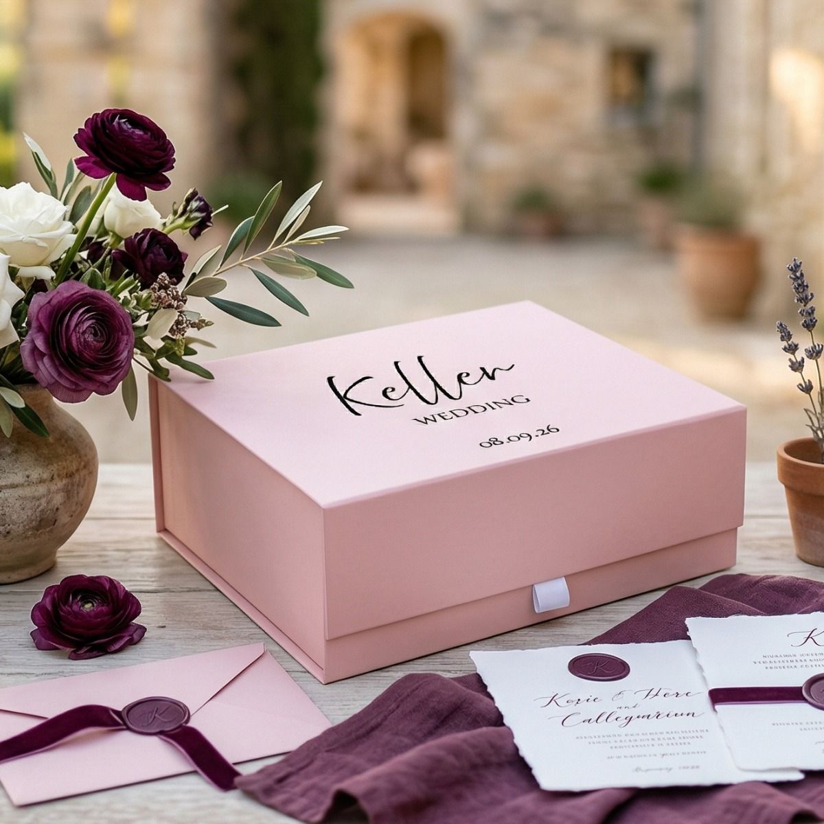 Rose Pink Personalised Script &amp; Date Wedding Deep Magnetic Hamper Gift Box