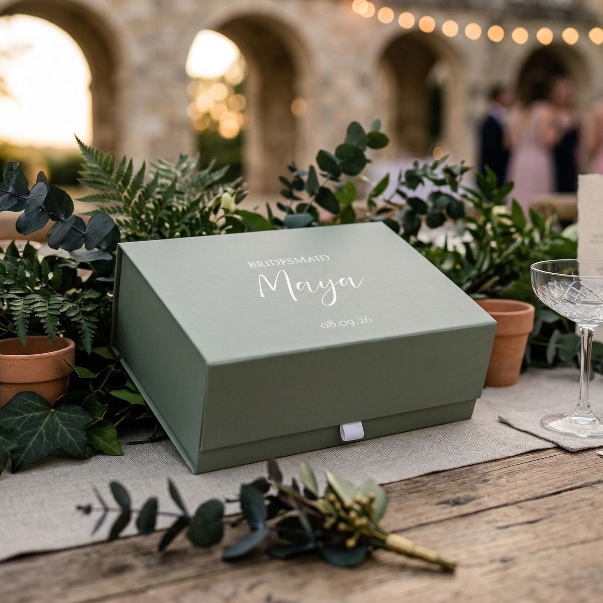 Sage Green Personalised Script &amp; Date Wedding Deep Magnetic Hamper Gift Box