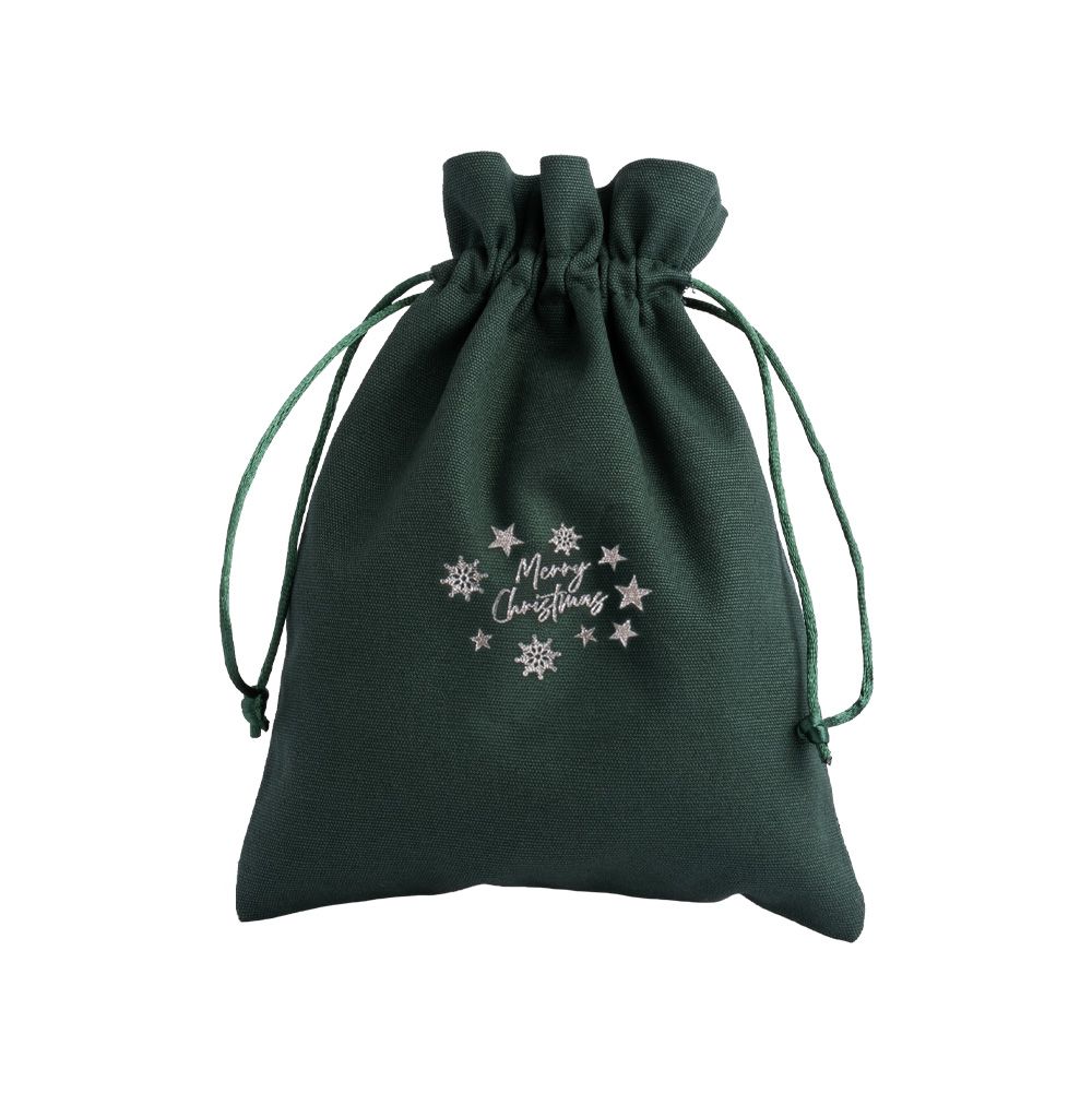 Christmas Cotton Bag Green Large Silver Merry Christmas