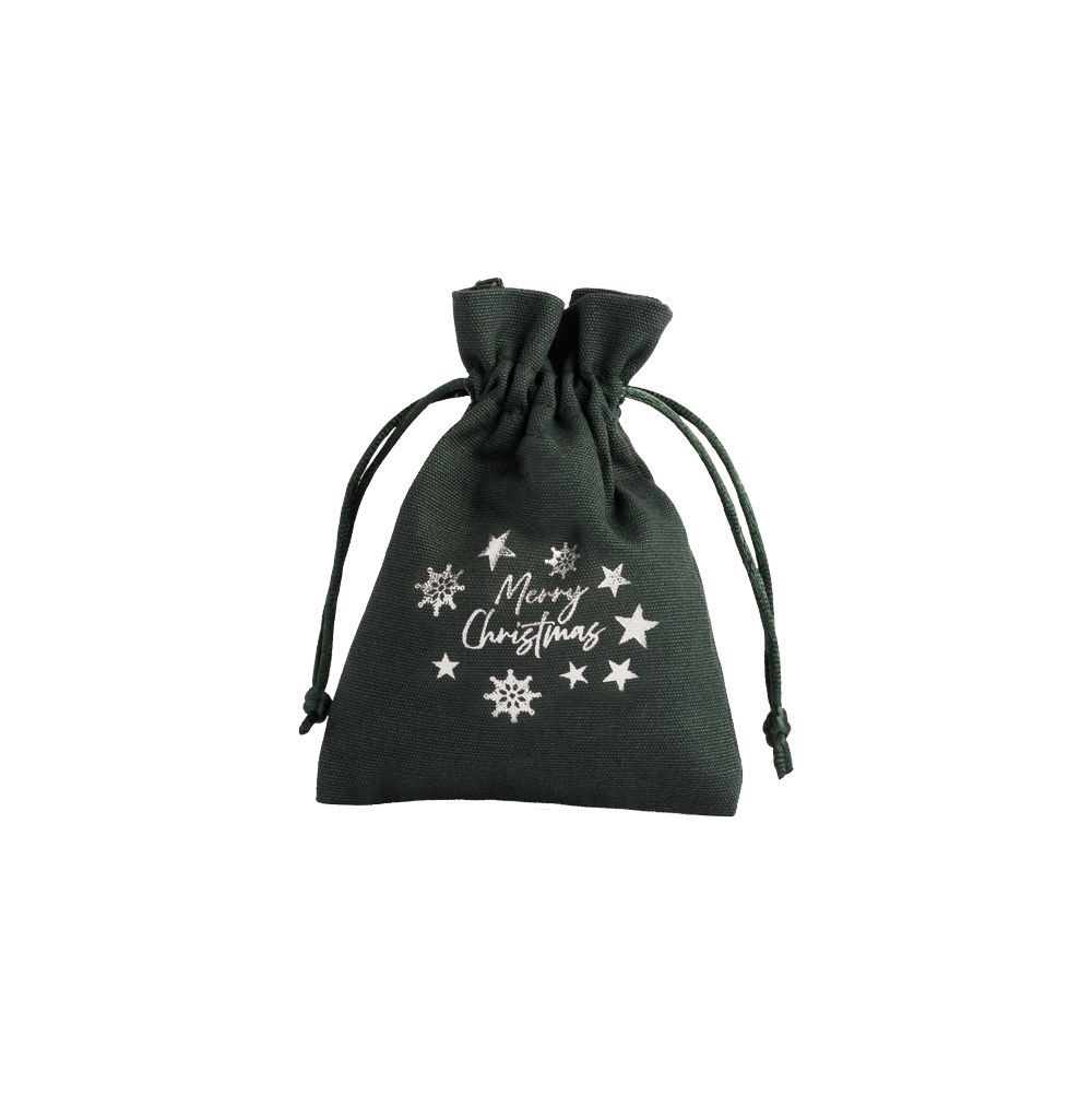 Christmas Cotton Bag Green Medium Silver Merry Christmas