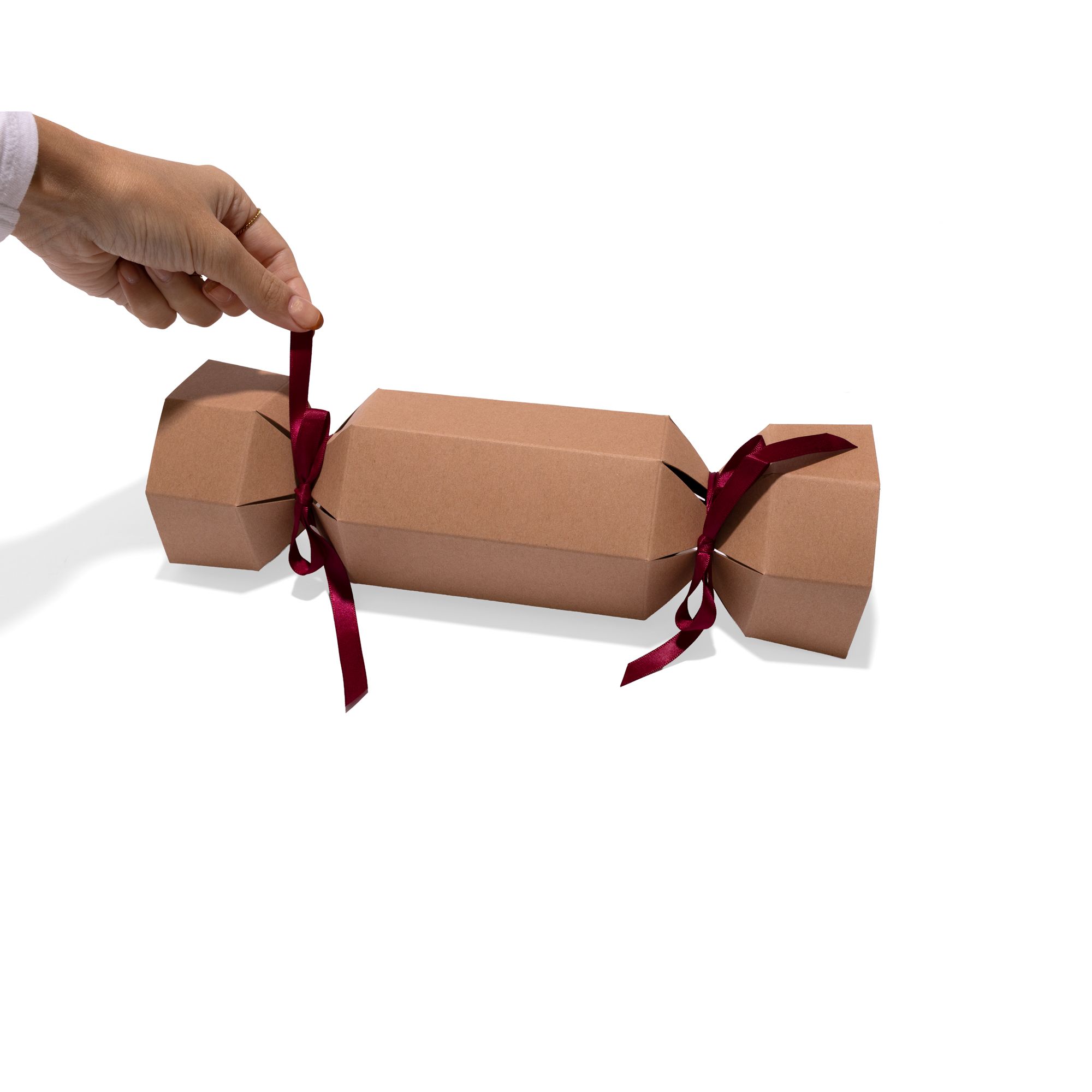 Medium Kraft Christmas Cracker Gift Box with Burgundy Ribbon 333 x 128mm