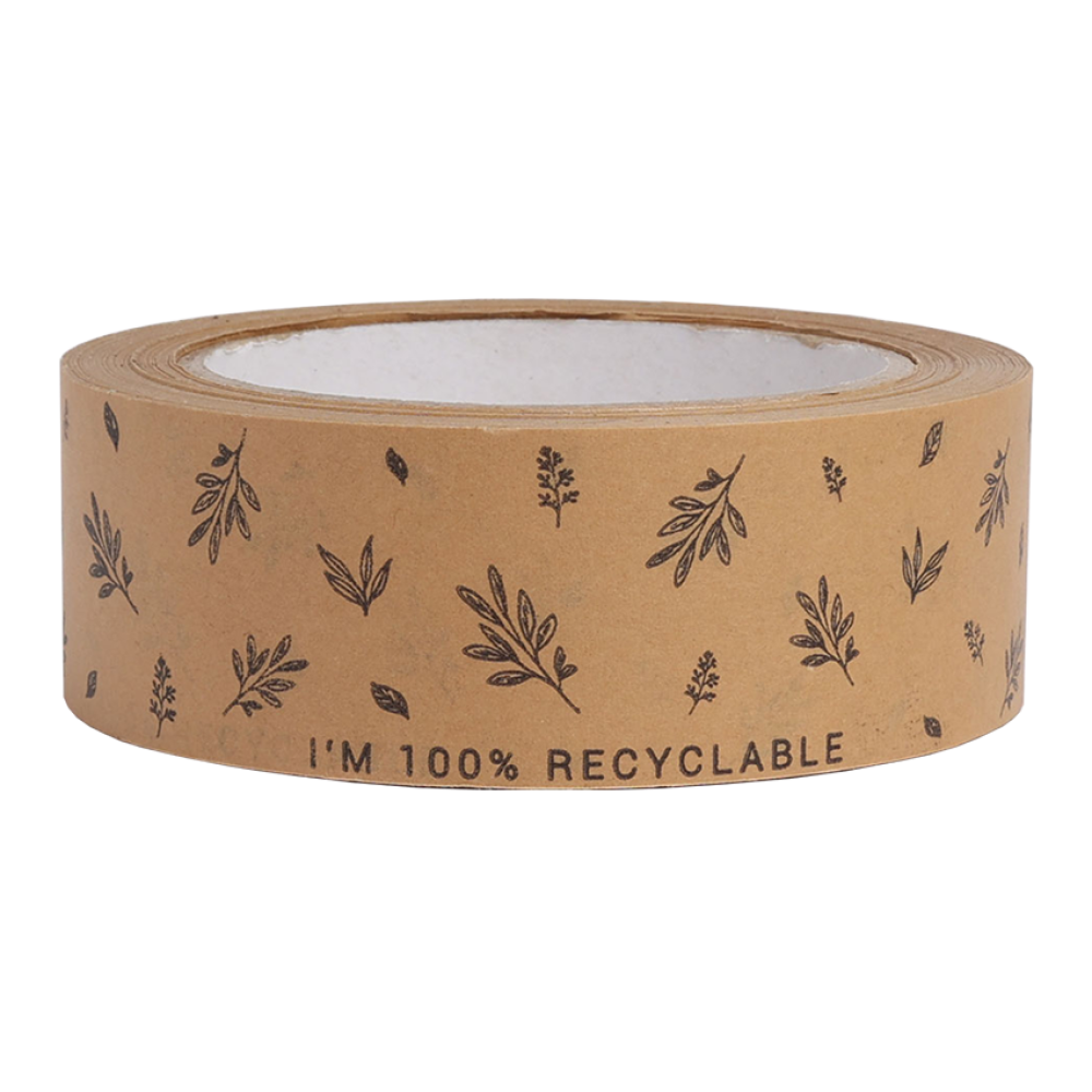 Kraft Paper Tape with Black Leaf Design and "I'm 100 Recyclable" Text Tiny Box Company