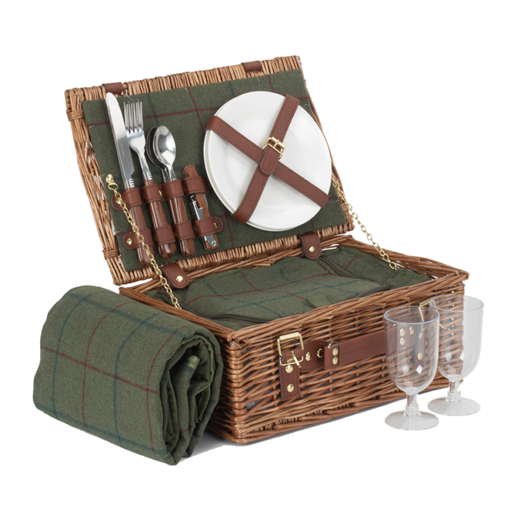 2 Person Green Tweed Picnic Hamper