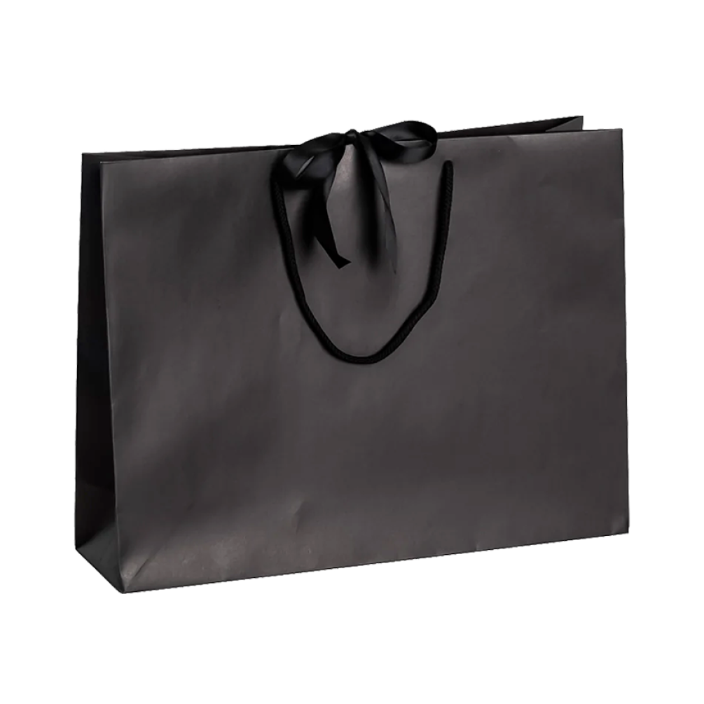 Pack of 25 Large Landscape Black Paper Gift Bags With Rope Handles and Ribbon