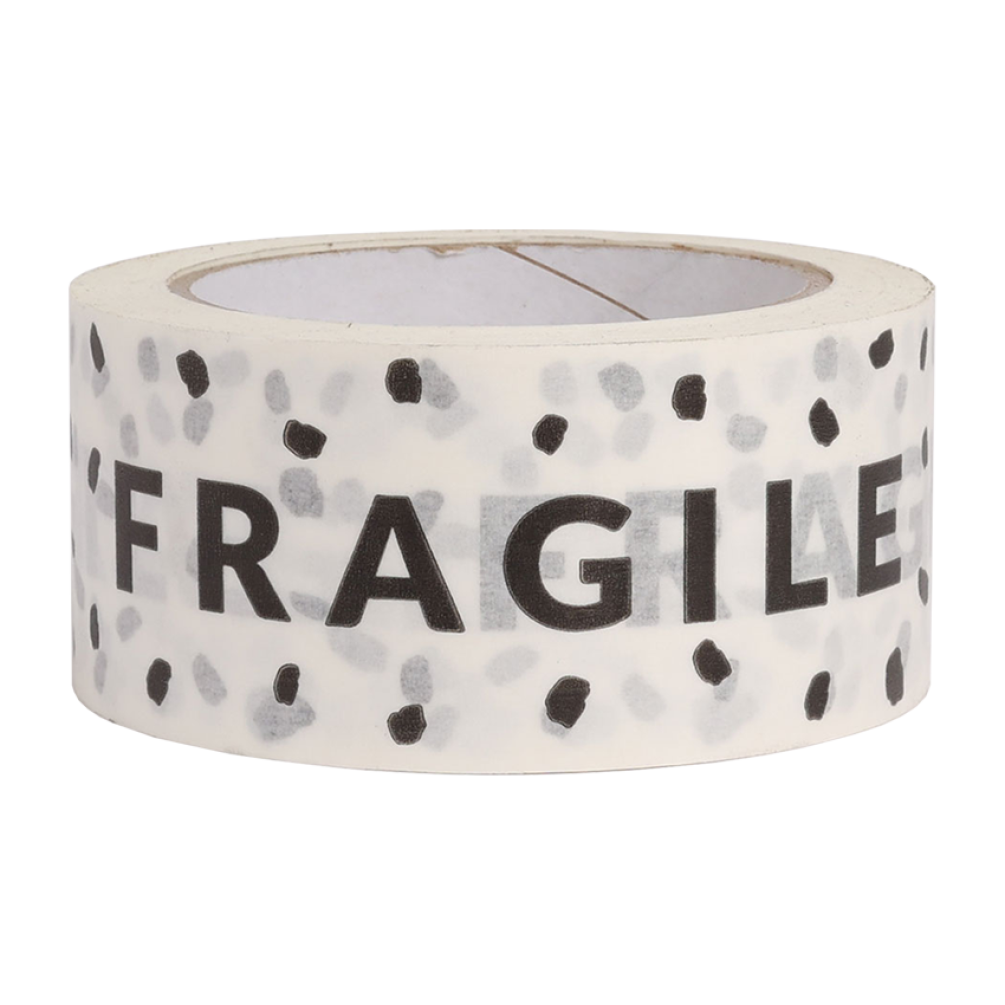 White Paper Tape with Black Fragile Text 50 metres x 50mm