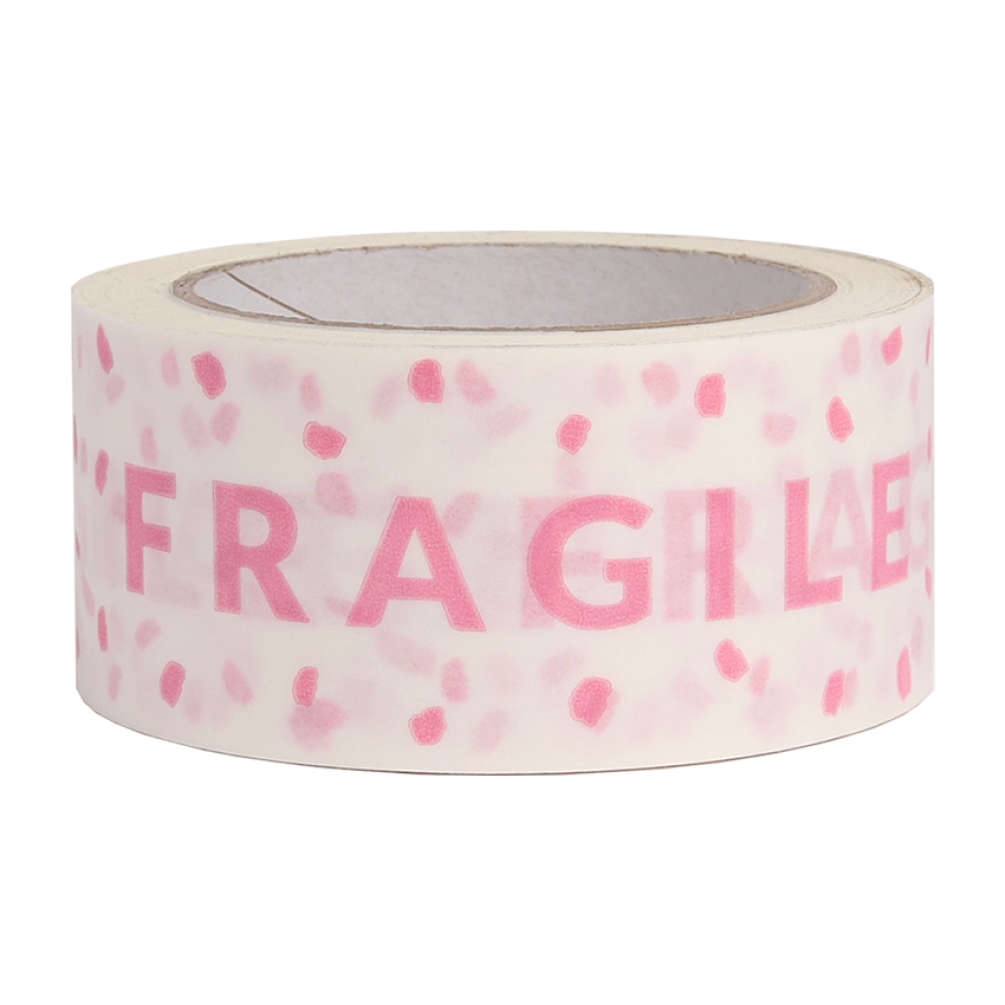 White Paper Tape with Pink Fragile Text 50 metres x 50mm