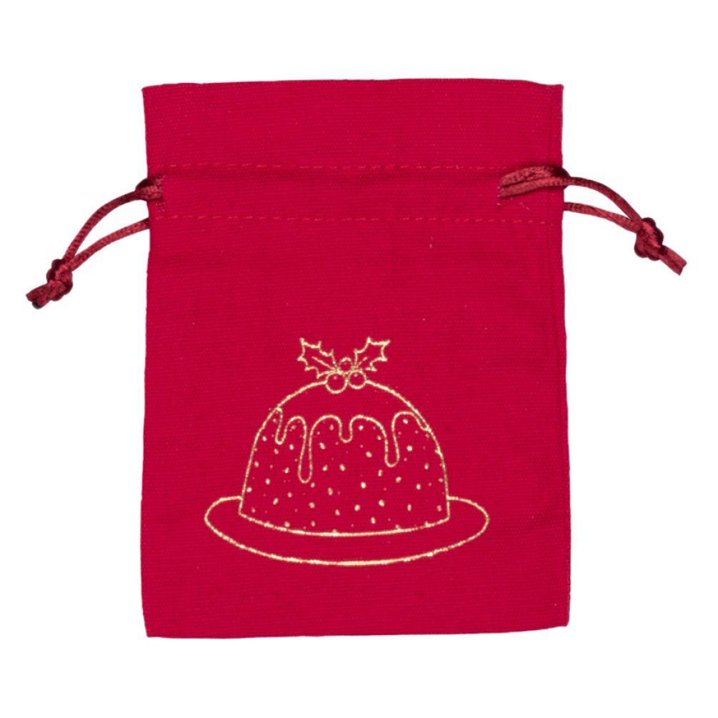 Medium Gold Christmas Pudding Red Cotton Bag | 95 x 90mm
