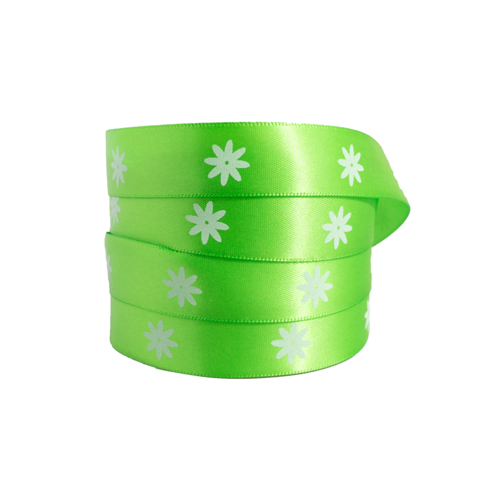 Spring Flowers Kiwi Green Double Faced Satin Ribbon 10 metres