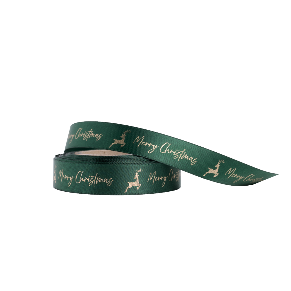 Christmas Ribbon Green and Gold Merry Christmas Reindeer 10 metres x 15mm