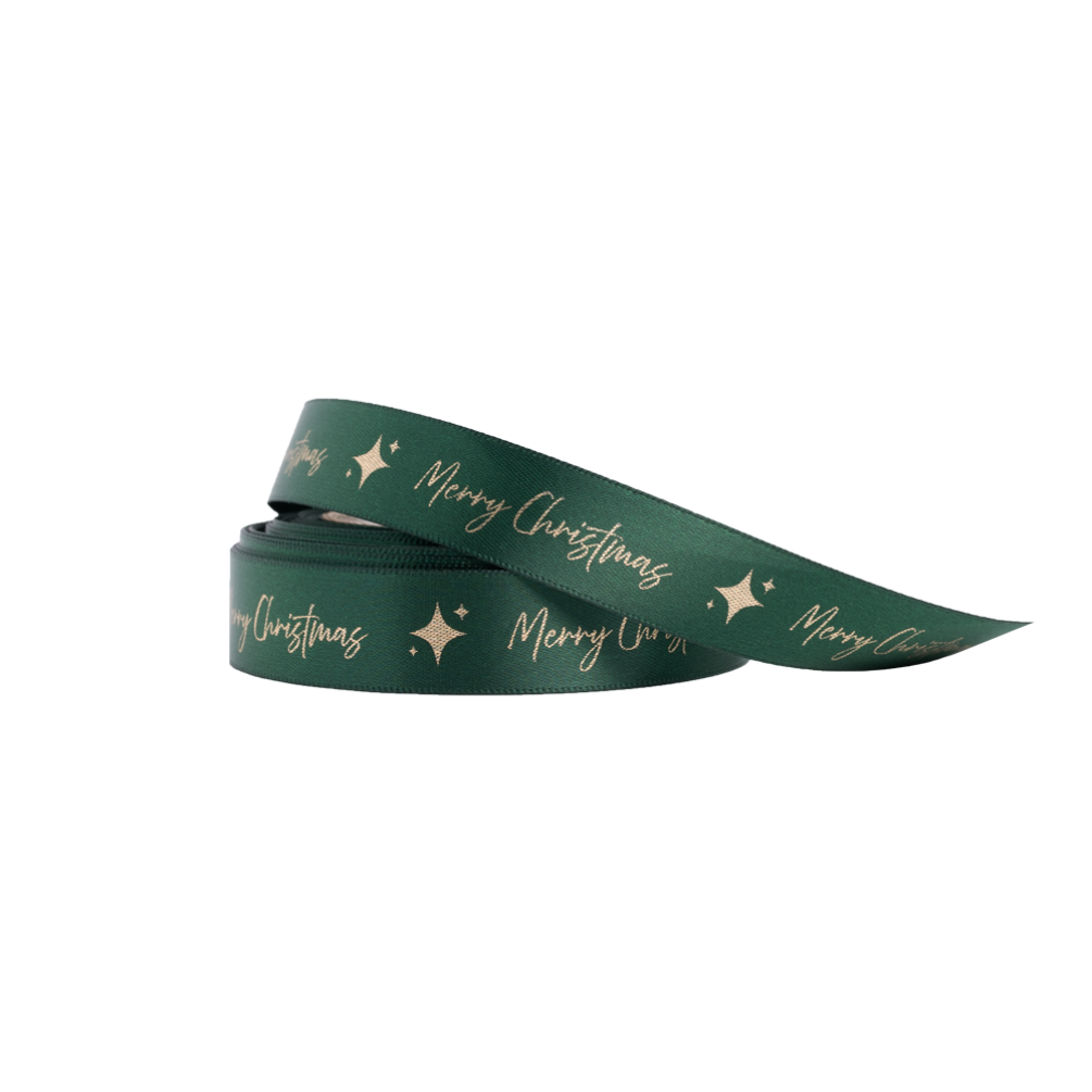 Christmas Ribbon Green and Gold Merry Christmas Star 10 metres x 15mm