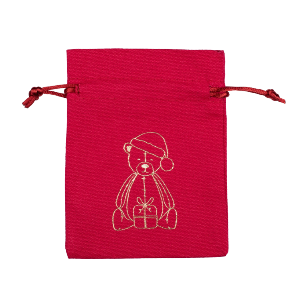 Gold Teddy Printed Medium Red Cotton Bag | 95 x 90mm