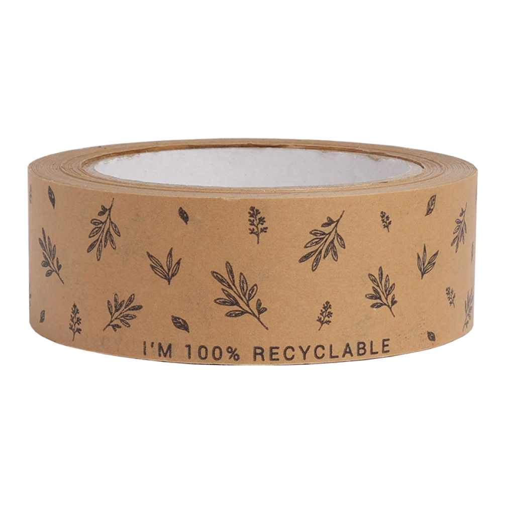 Kraft Paper Tape with Black Leaf Design and I'm 100% Recyclable Text 50 metres x 37.5mm
