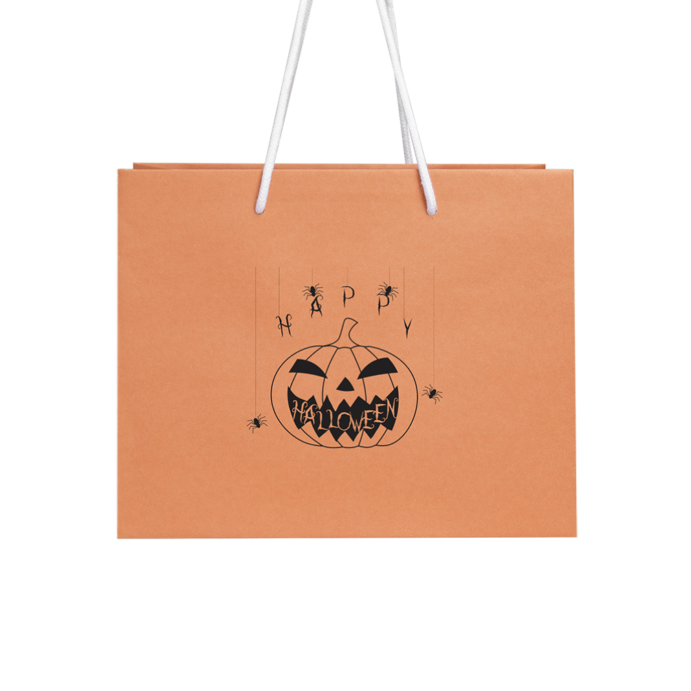 Halloween Medium Landscape Orange Paper Gift Bag With Pumpkin Design