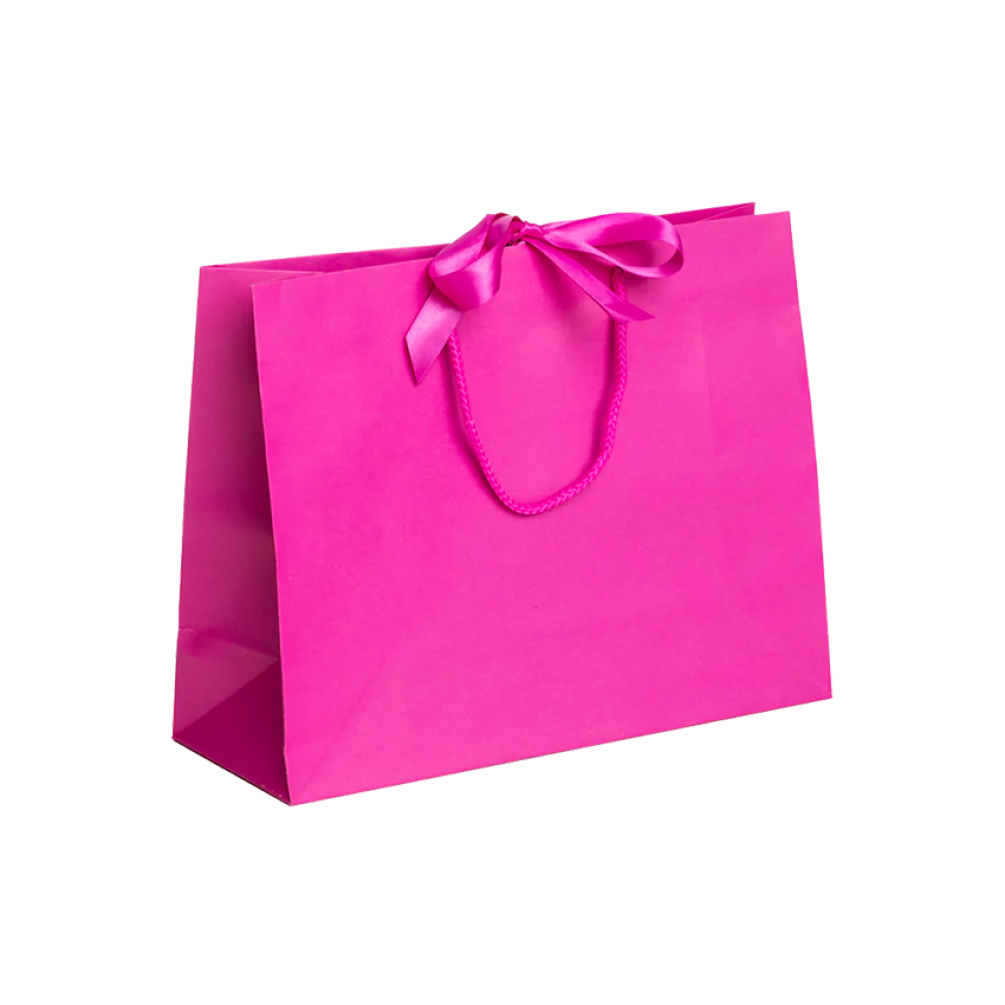 Pack of 25 Medium Landscape Magenta Paper Gift Bags With Rope Handles and Ribbon