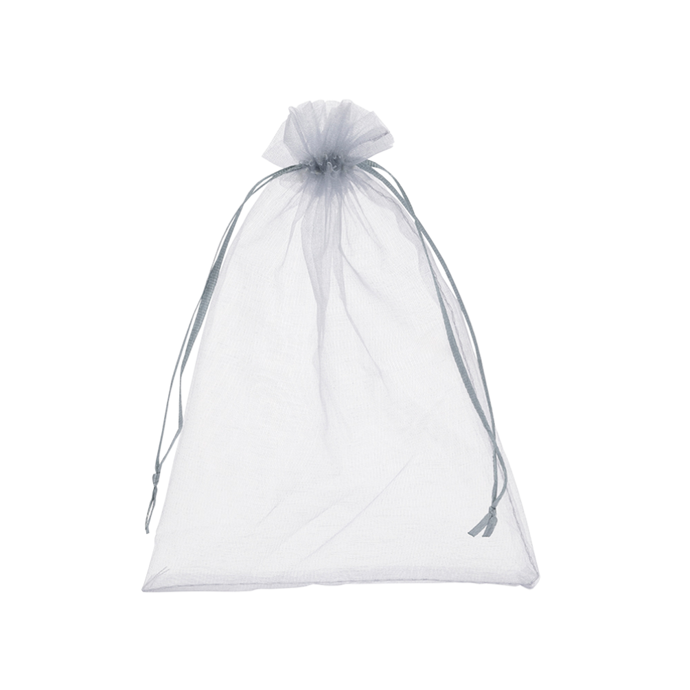 Large Silver Grey Organza Pouch With Ribbon Drawstring