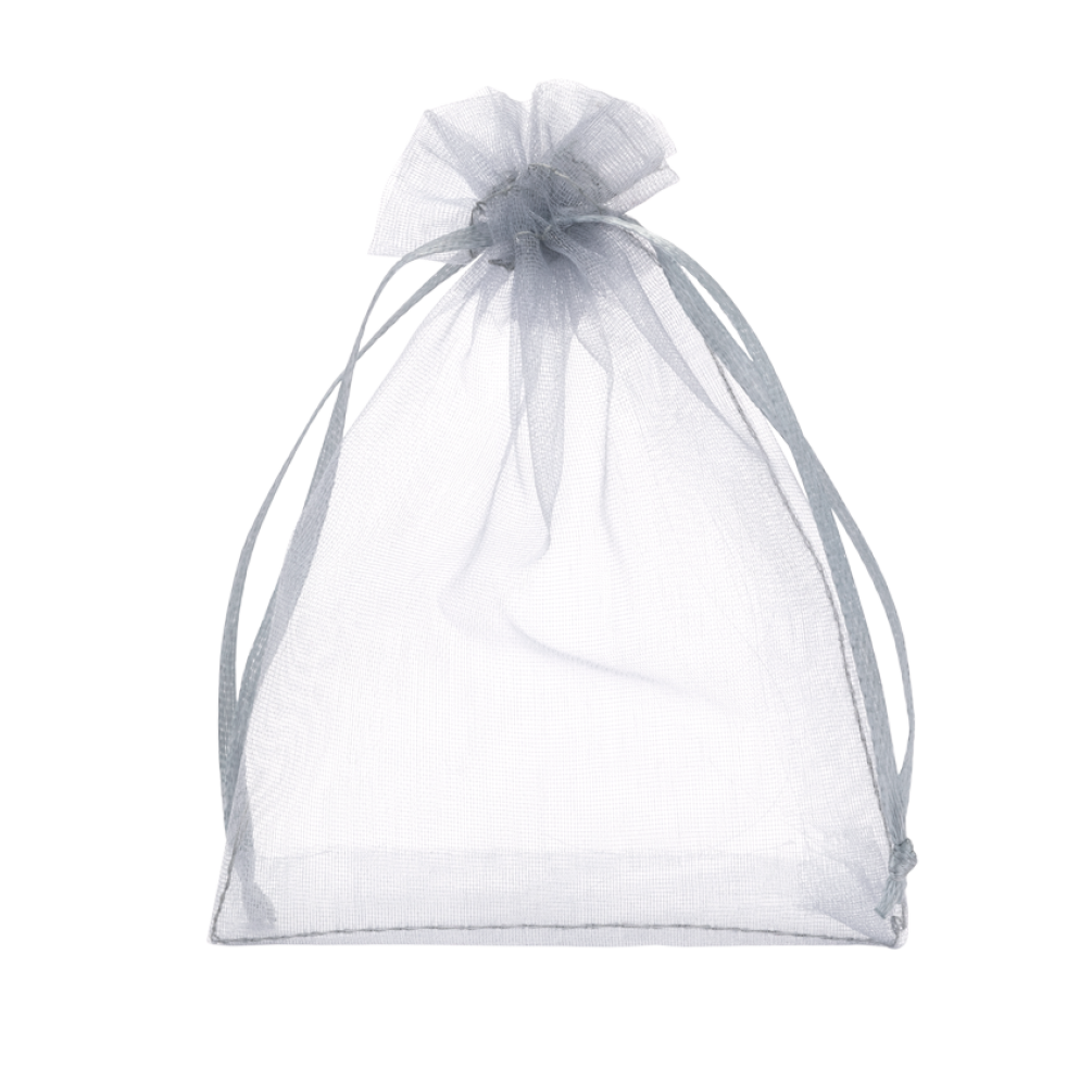 Medium Silver Grey Organza Pouch With Ribbon Drawstring