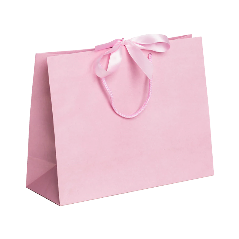 Pack of 25 Large Landscape Pink Paper Gift Bags With Rope Handles and Ribbon