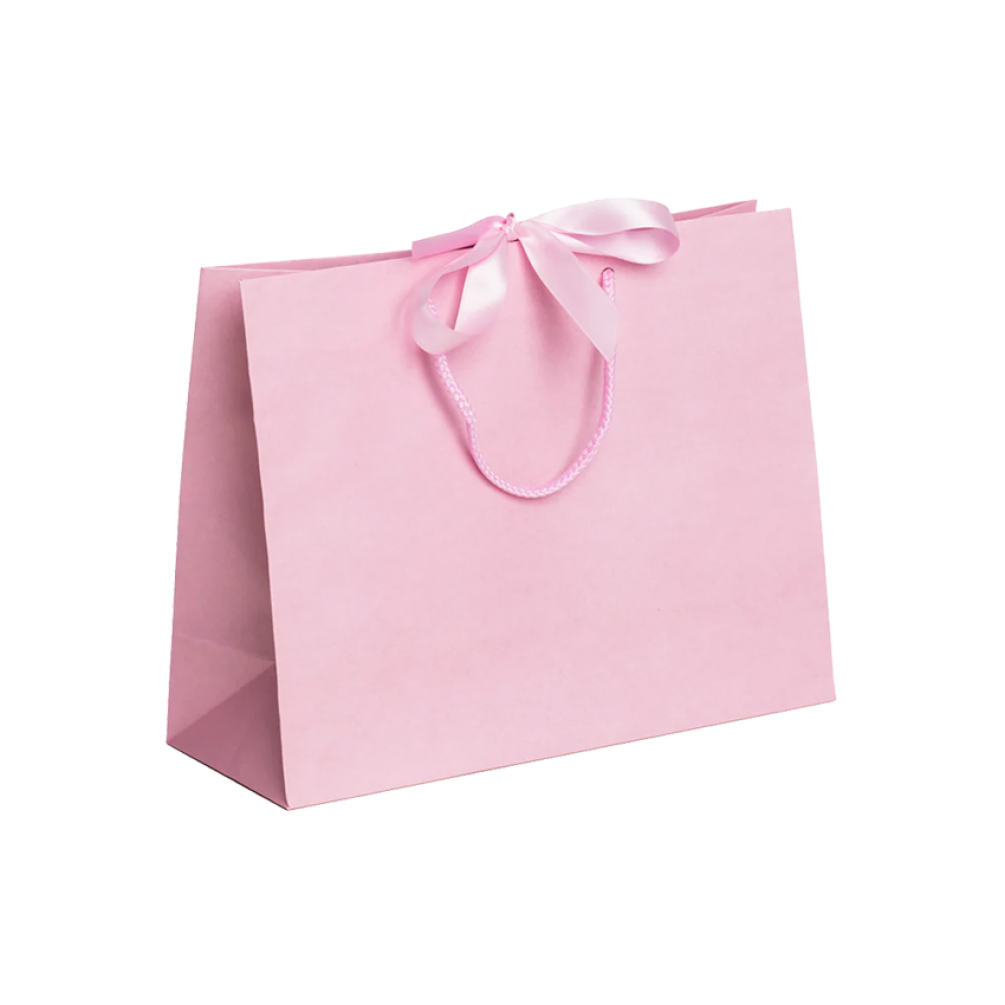 Pack of 25 Medium Landscape Pink Paper Gift Bags With Rope Handles and Ribbon