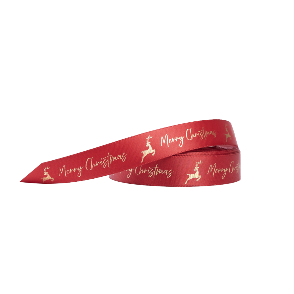 Christmas Ribbon Red and Gold Merry Christmas Reindeer 10 metres x 15mm