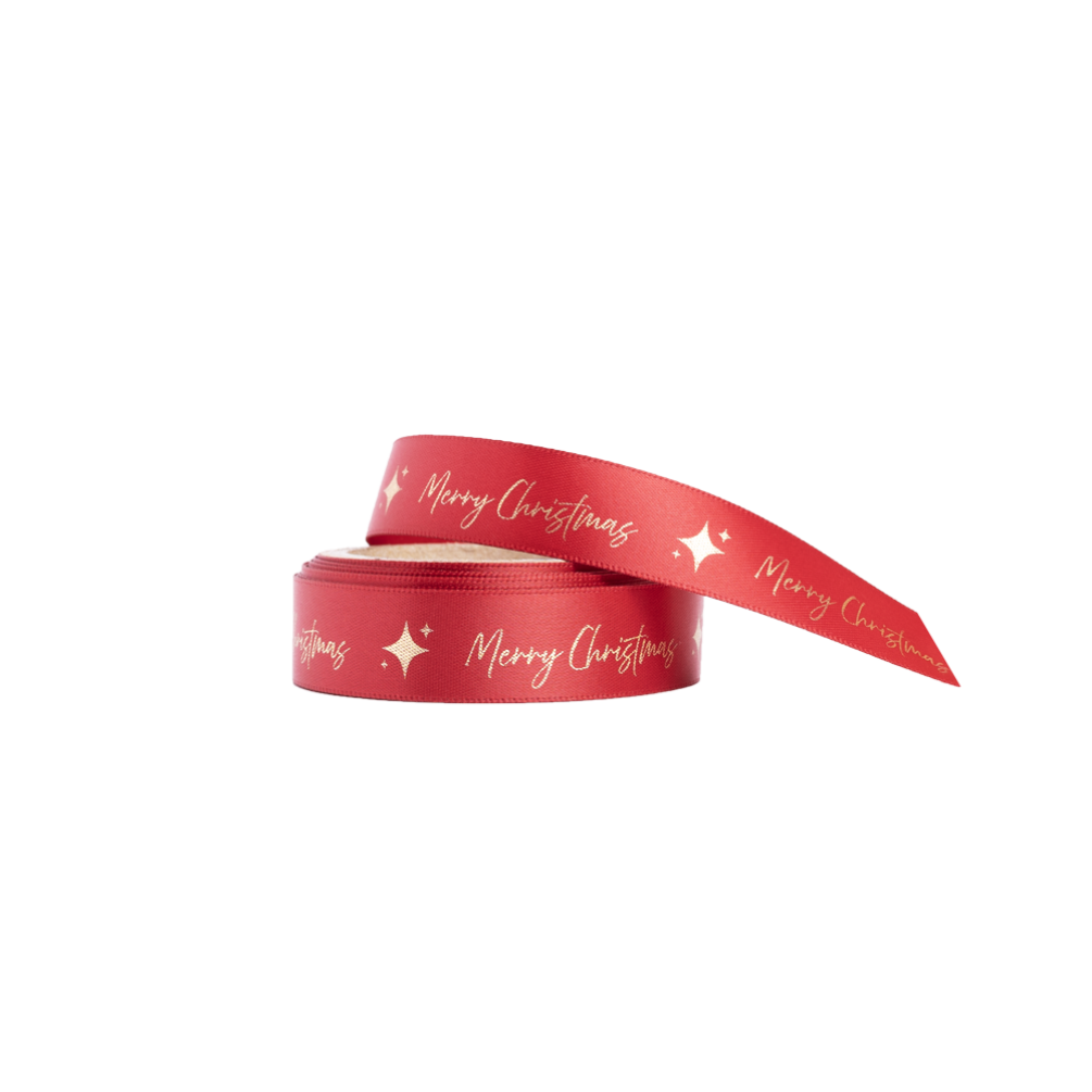 Christmas Ribbon Red and Gold Merry Christmas Star 10 metres x 15mm