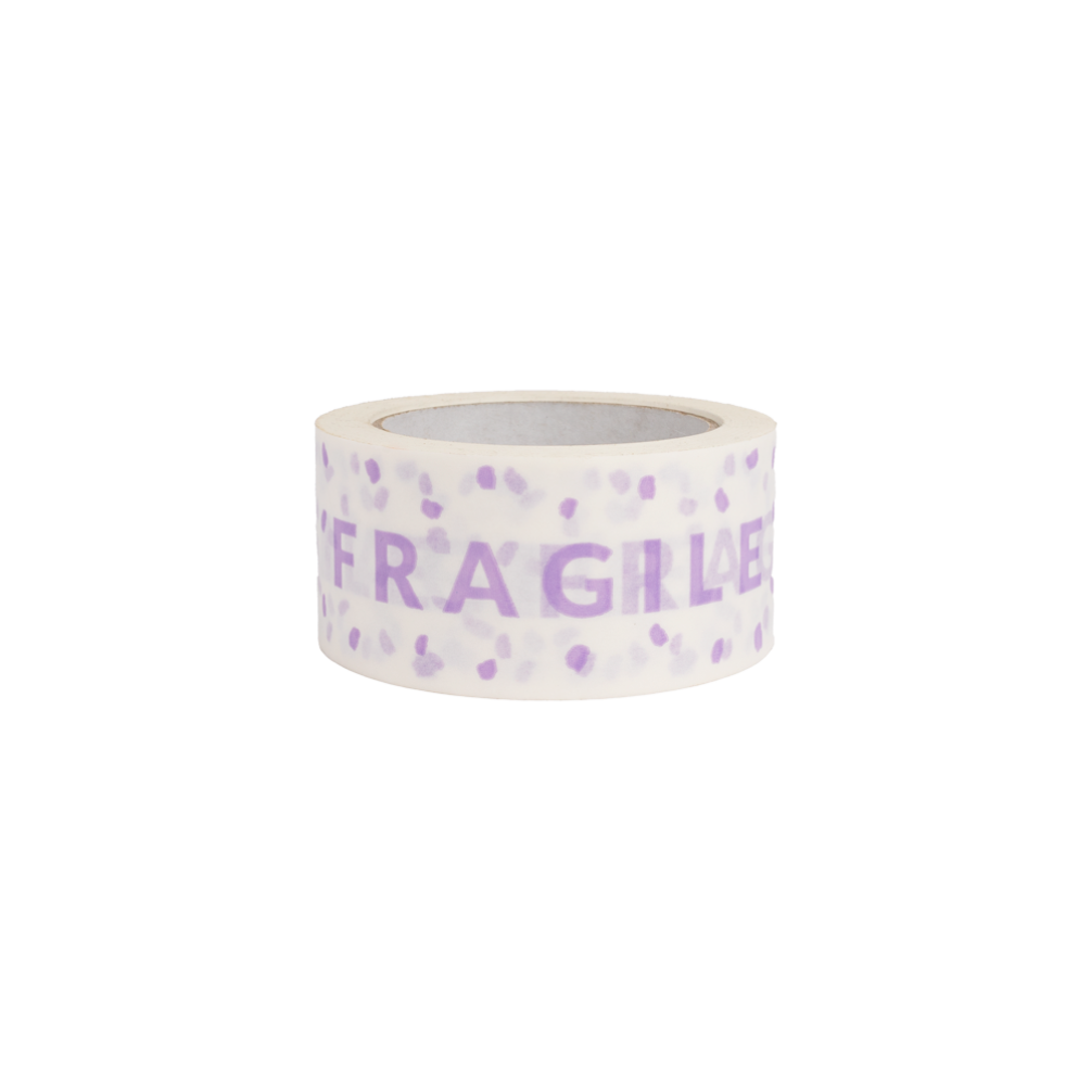 White Paper Tape with Lilac Fragile Text 50 metres
