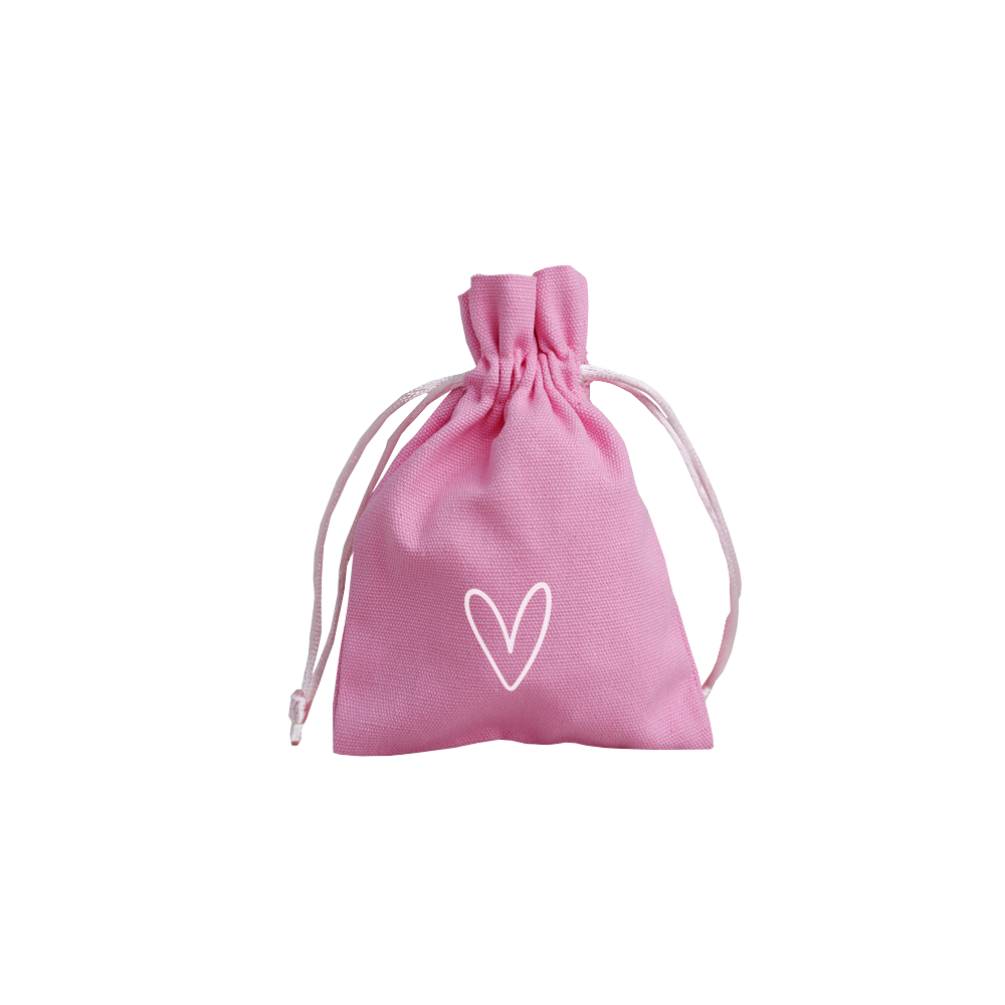 Love Heart Valentine's Day Medium Pink Cotton Bag with Silk Drawstring