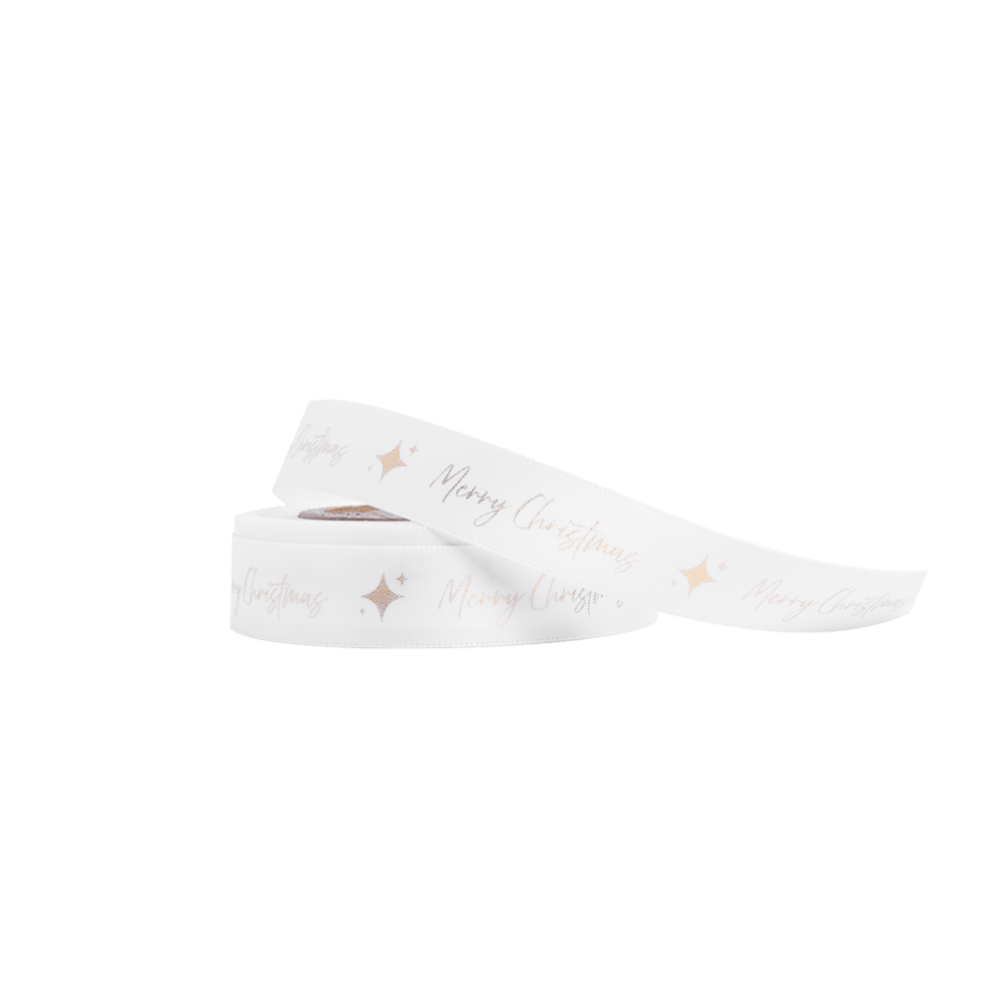 Christmas Ribbon White and Gold Merry Christmas Star 10 metres x 15mm
