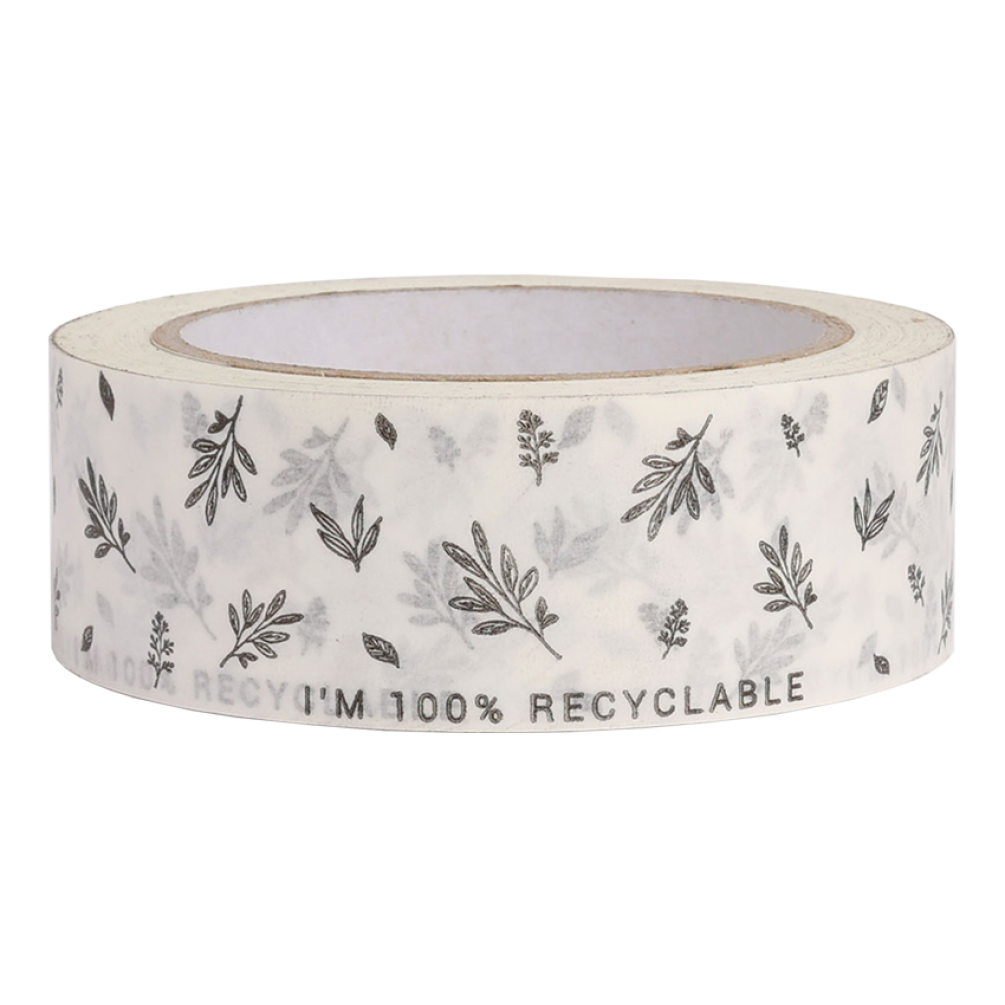 White Paper Tape with Black Leaf Design and I'm 100% Recyclable Text 50 metres x 37.5mm