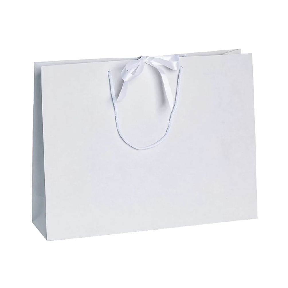 Pack of 25 Large Landscape Antique White Paper Gift Bags With Rope Handles and Ribbon