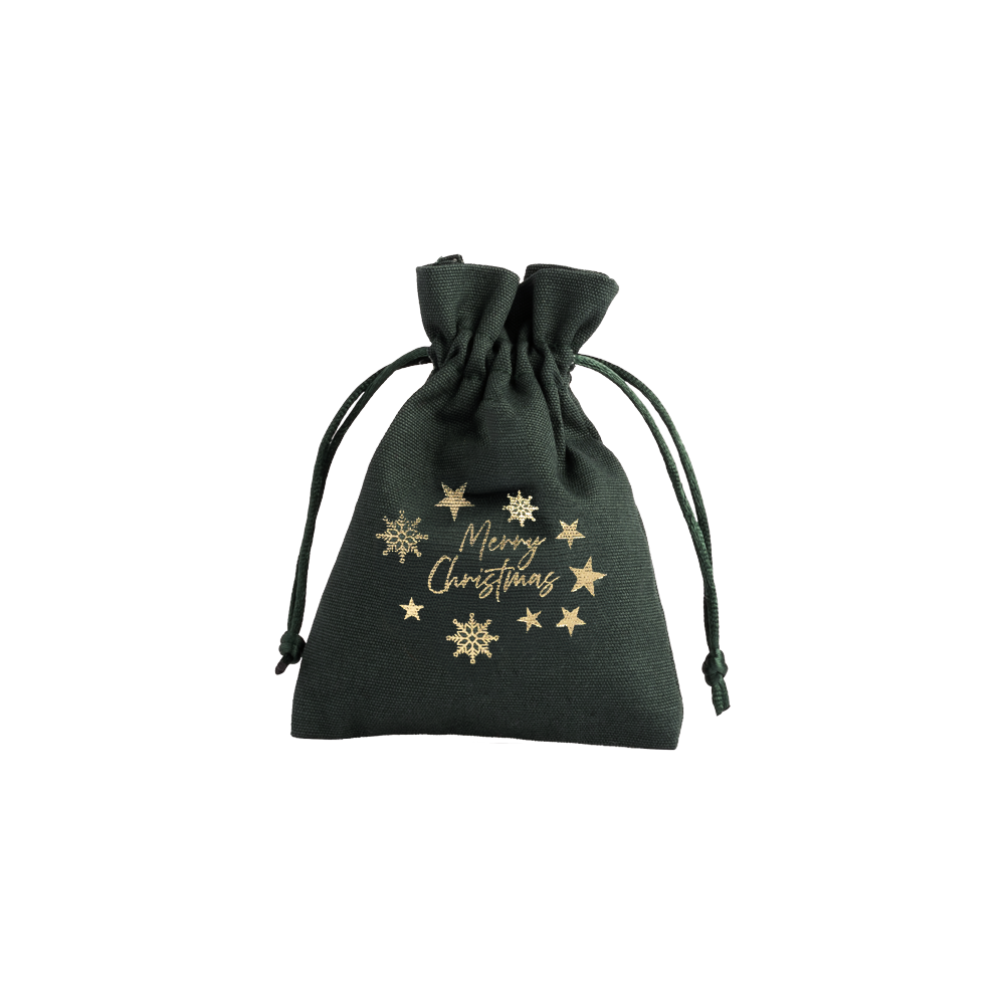 Christmas Cotton Bag Green Medium Gold Merry Christmas