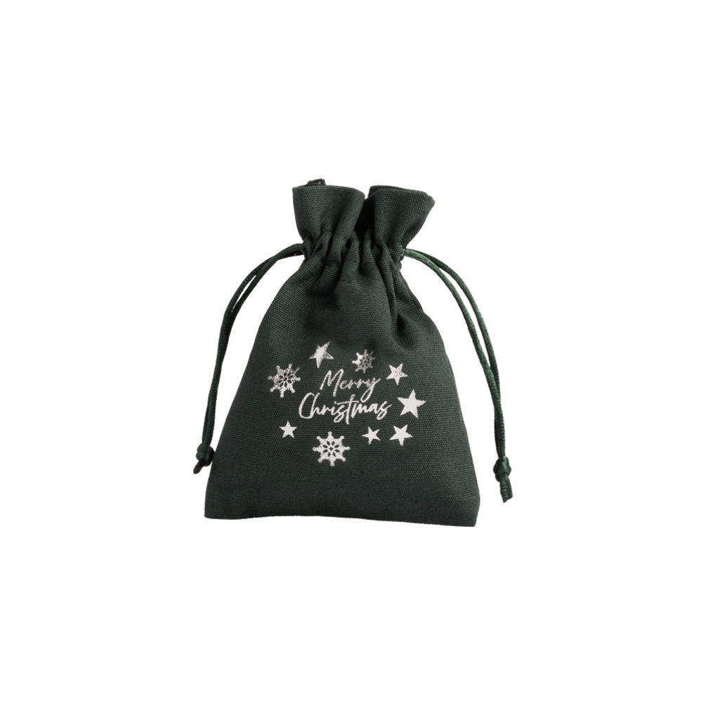 Christmas Cotton Bag Green Medium Silver Merry Christmas