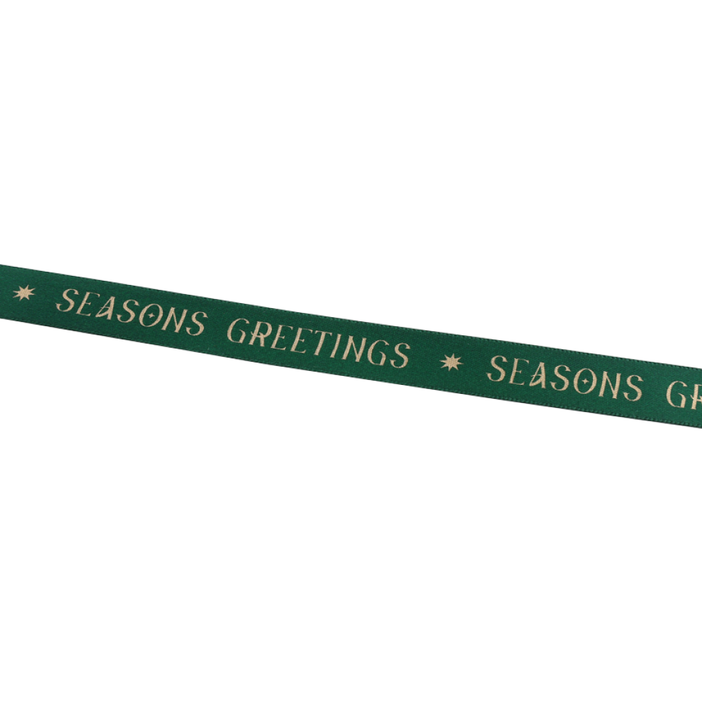 Emerald Green Satin Ribbon with Gold Seasons Greetings Print 10 metres