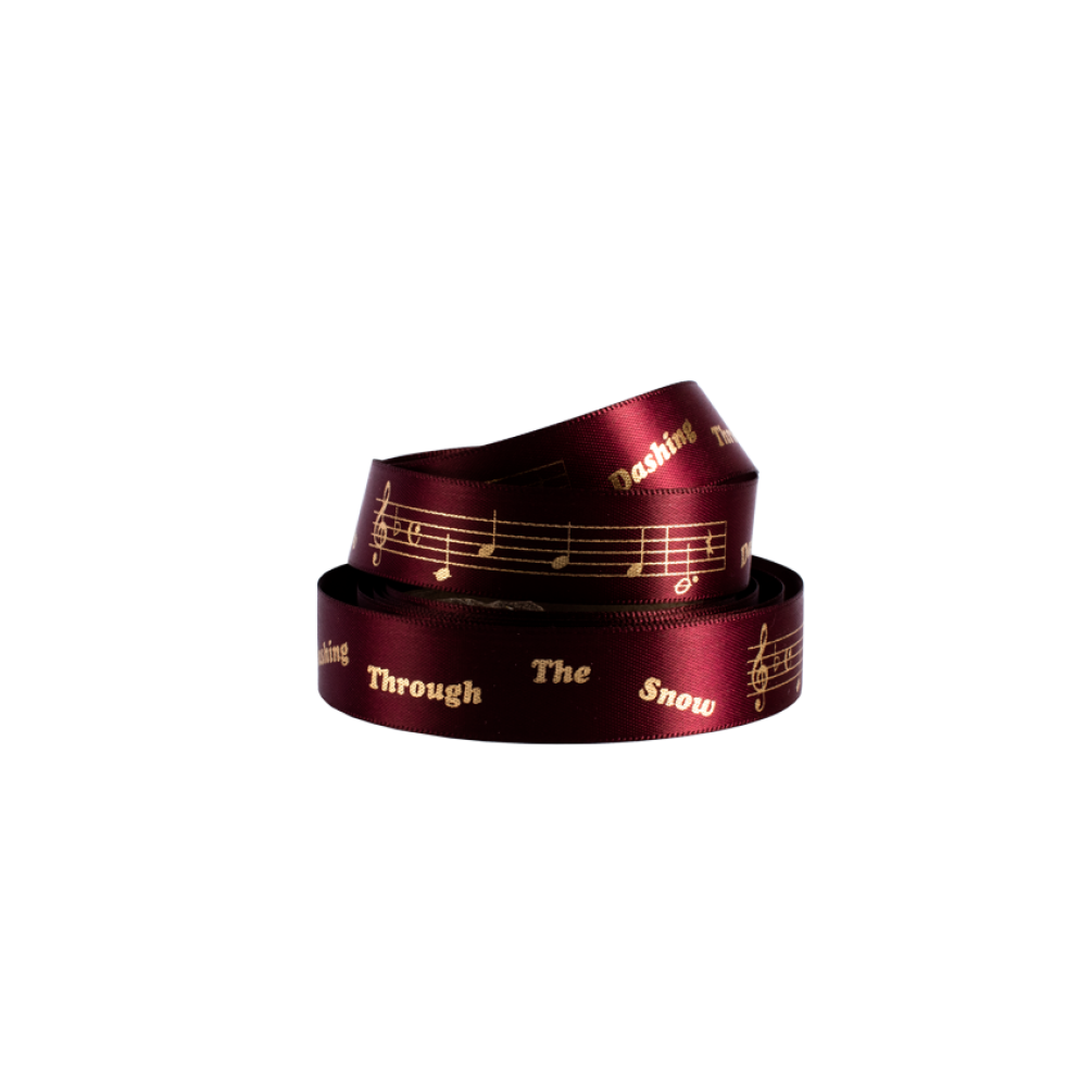 Claret Plum Satin Ribbon with Gold Dashing through the Snow Print 10 metres x 15mm