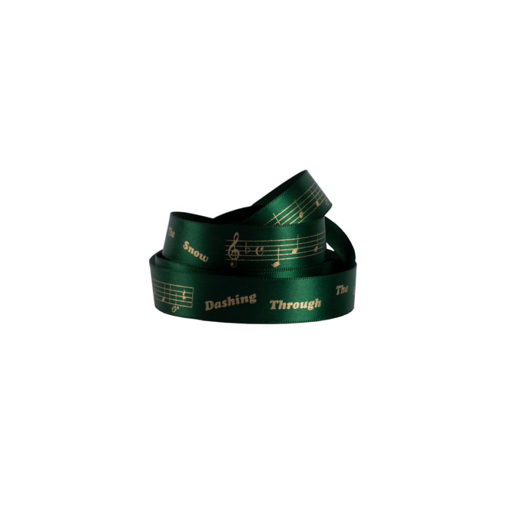 Emerald Green Satin Ribbon with Gold Dashing through the Snow Print 10 metres x 15mm