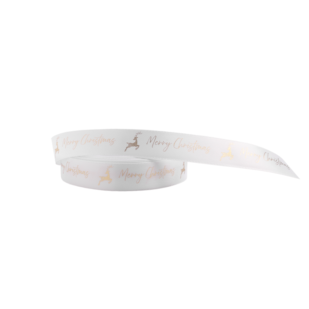 Christmas Ribbon White and Gold Merry Christmas Reindeer 10 metres x 15mm