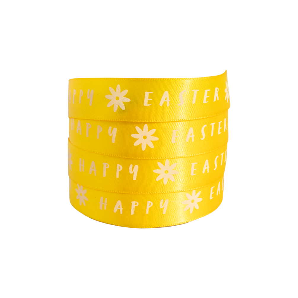 Happy Easter Flowers Yellow Recycled Bottle Satin Ribbon 10 metres